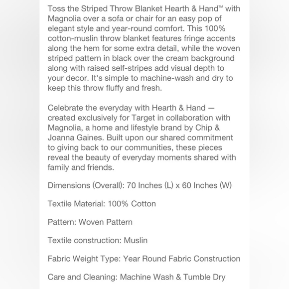 Hearth Hand Magnolia Sour Cream Black Stripe Throw Blanket Fringed Nwot - Picture 3 of 4